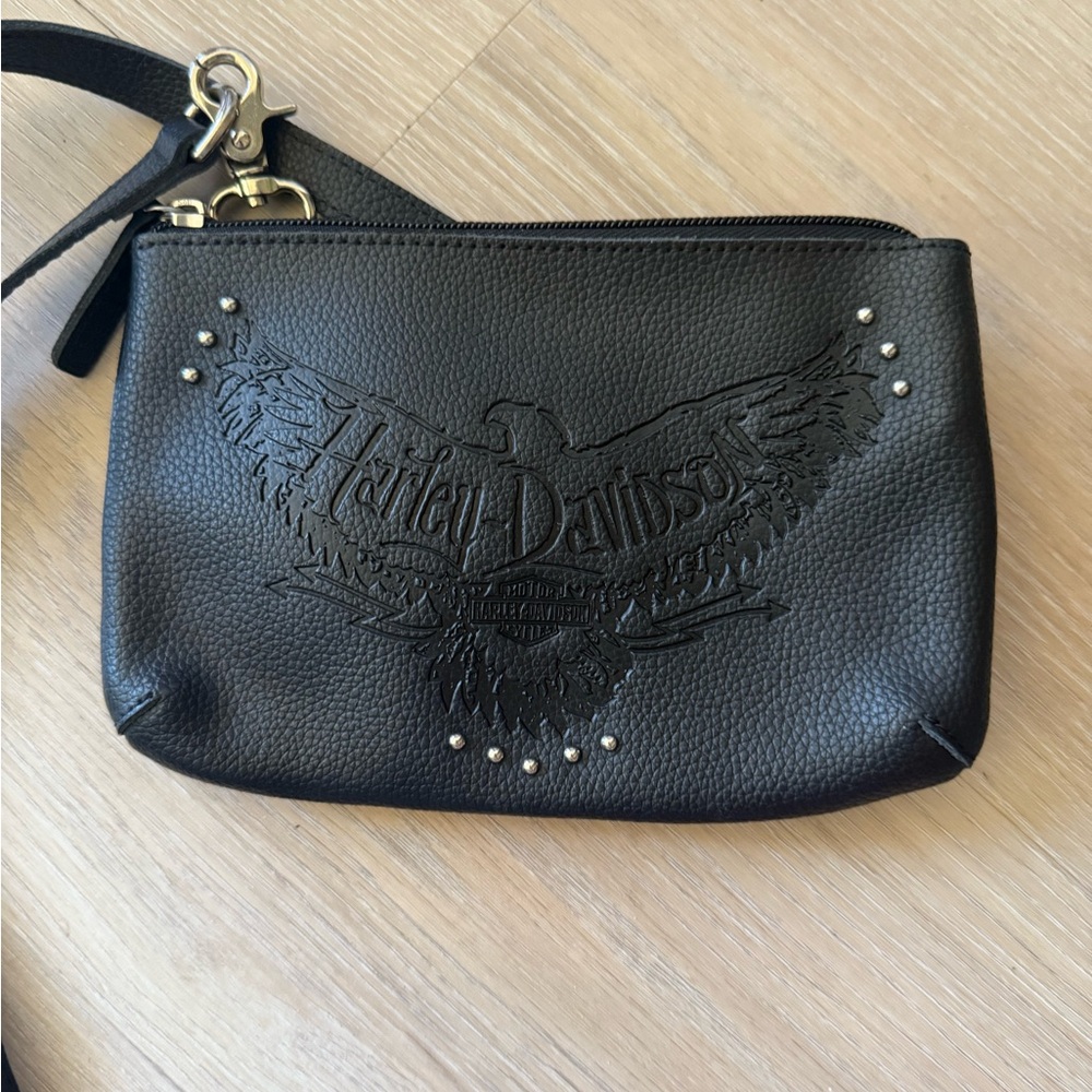 Harley-Davidson Black Embossed Leather Wristlet (Long Strap) with Stud Accents